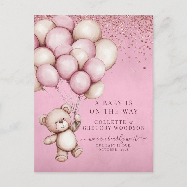 Teddy Bear Pink Baby Girl Budget Pregnancy Reveal Announcement Postcard (Front)