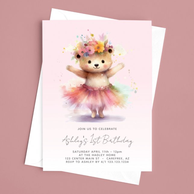 Teddy Bear Pink Ballerina 1st Birthday Invitation (Creator Uploaded)