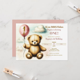Teddy Bear Pink Balloon 1st Birthday Party Invitation