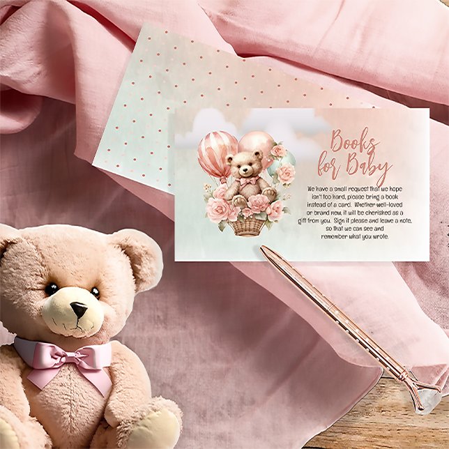 Teddy Bear Pink Balloon Baby Shower Books for Baby Enclosure Card (Teddy Bear in a Hot Air Balloon with Pink Flowers  Girl Baby Shower Books for Baby Cards)