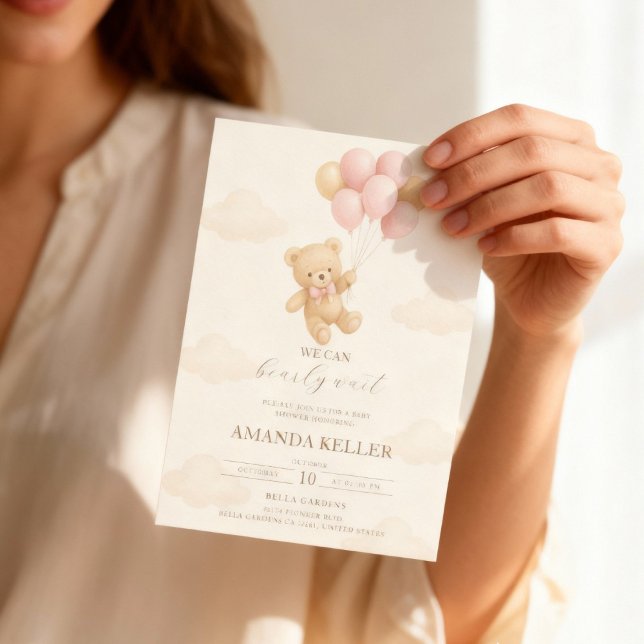 Teddy Bear Pink Balloon Baby Shower Invitation (Creator Uploaded)