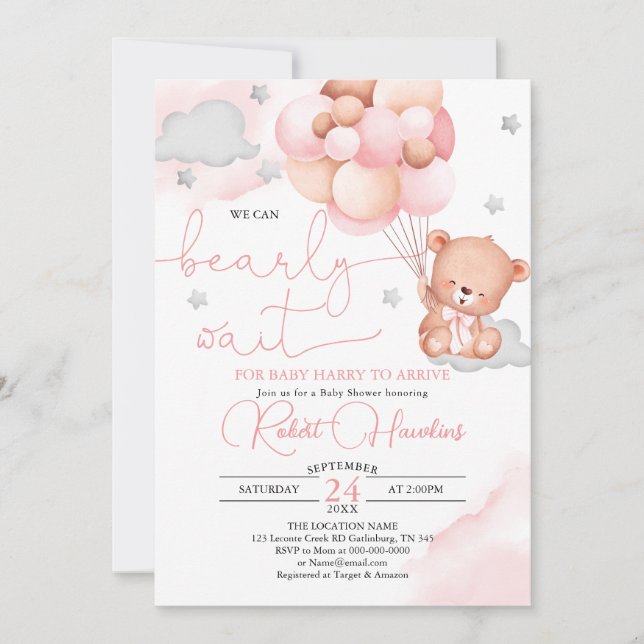 Teddy Bear Pink Balloon Baby Shower Invitation (Front)