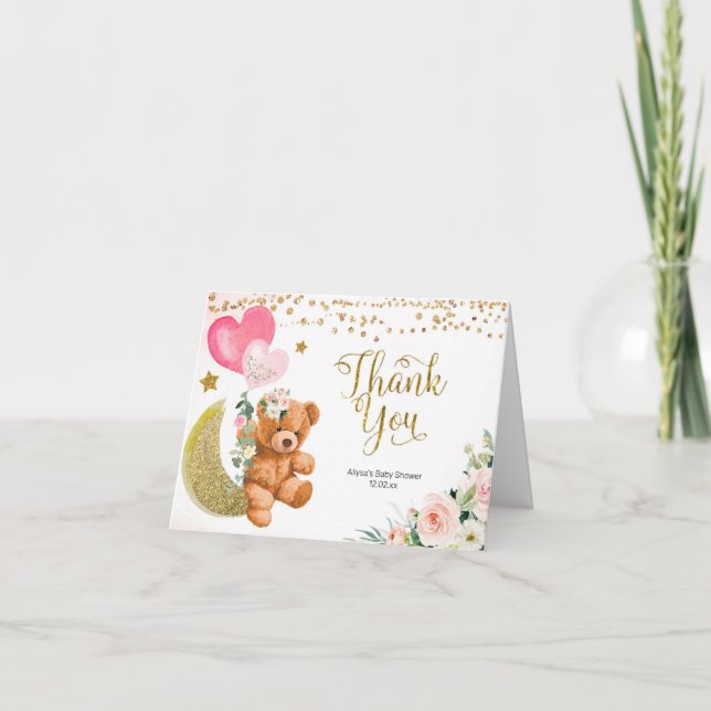 Teddy Bear Pink Balloon Baby Shower Thank You card (Front)