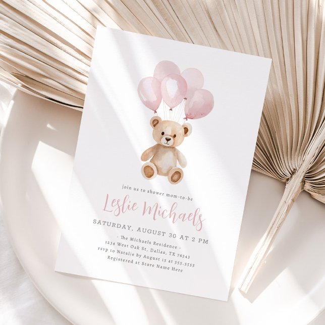 Teddy Bear Pink Balloon Girl Baby shower Invitation (Creator Uploaded)
