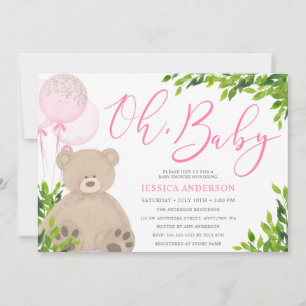 Teddy Bear Pink Balloon Greenery Girl Baby Shower Invitation