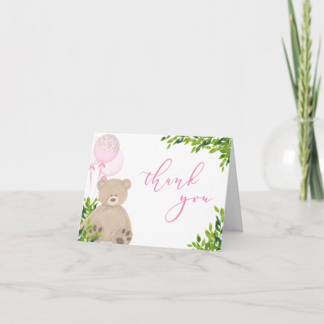 Teddy Bear Pink Balloon Greenery Girl Baby Shower Thank You Card (Front)
