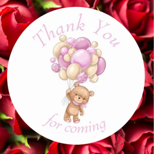 Teddy Bear Pink BALLOON thank you Classic Round Sticker (Express heartfelt gratitude with our Teddy Bear Pink Balloon thank you stickers)