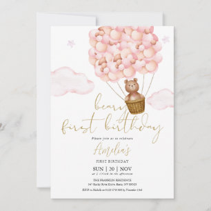 Teddy Bear Pink Balloons 1st Birthday Party Invitation