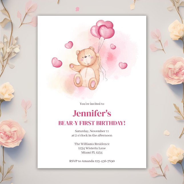 Teddy Bear Pink Balloons 1st Birthday Party Invitation (Creator Uploaded)