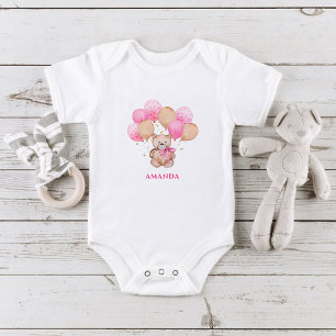 Teddy bear pink balloons baby bodysuit