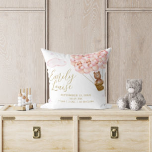 Teddy Bear Pink Balloons Baby Girl Birth Stats Cushion