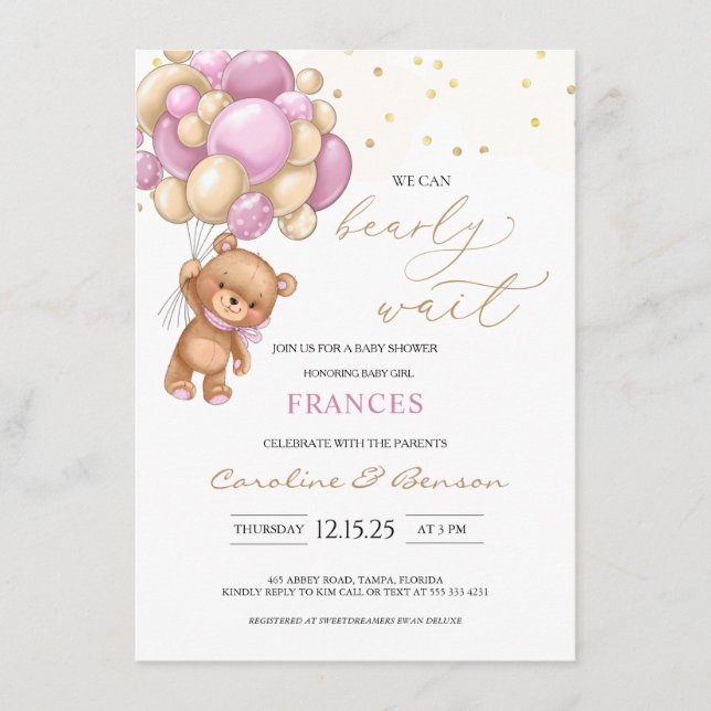 Teddy Bear Pink Balloons Baby Shower Invitation (Front)