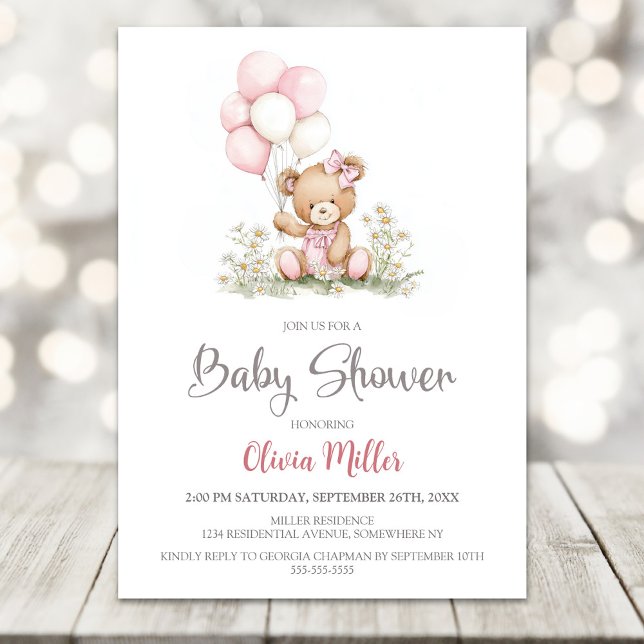 Teddy Bear Pink Balloons Baby Shower Invitation (Creator Uploaded)