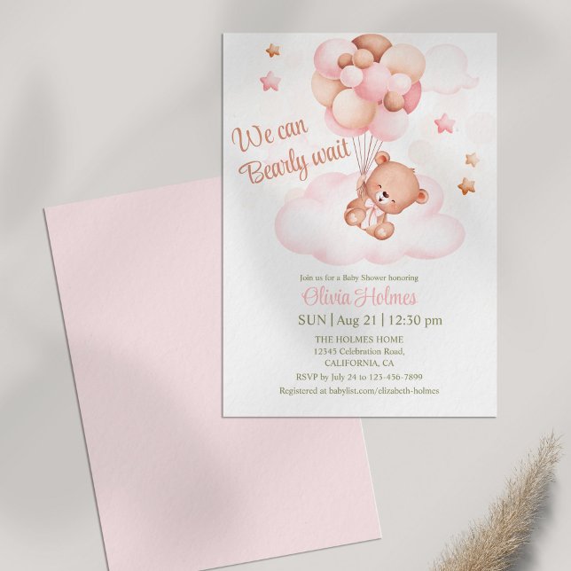 Teddy Bear & Pink Balloons Baby Shower Invitation (Teddy Bear with Pink Balloons Shower Invitation on table )
