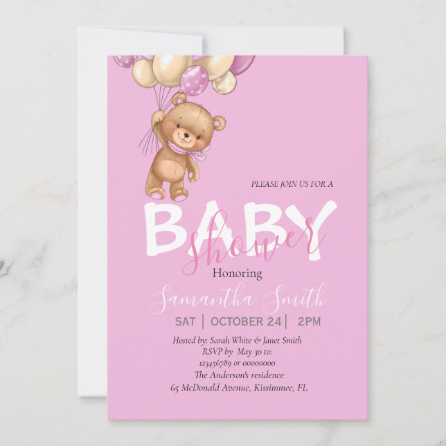 Teddy Bear, PINK Balloons Baby Shower Invitation (Front)