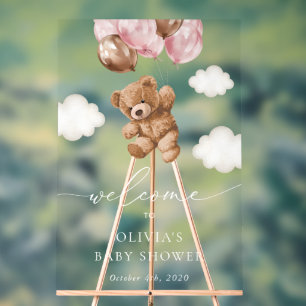 Teddy Bear, Pink Balloons, Baby Shower Welcome Acrylic Sign