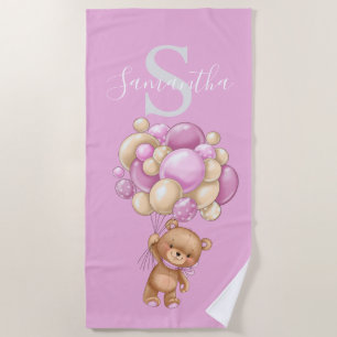 Teddy Bear Pink Balloons beach towel for kids