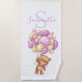 Teddy Bear Pink Balloons beach towel for kids 