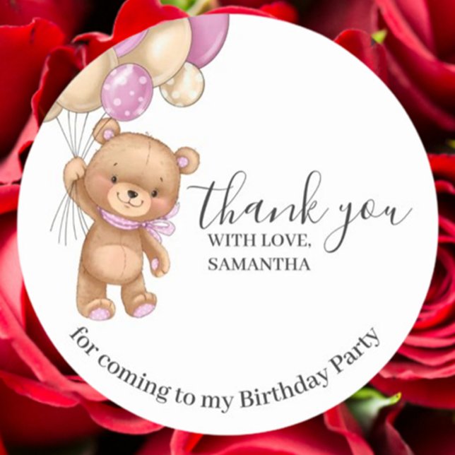 Teddy Bear PINK Balloons Birthday Thank You Classic Round Sticker (Express heartfelt gratitude with our Teddy Bear PINK Balloons Birthday Thank You Sticker)