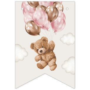 Teddy Bear, Pink Balloons, First Birthday Bunting