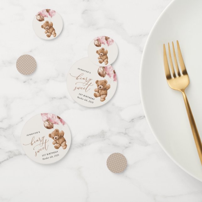 Teddy Bear, Pink Balloons, First Birthday Confetti (Group)