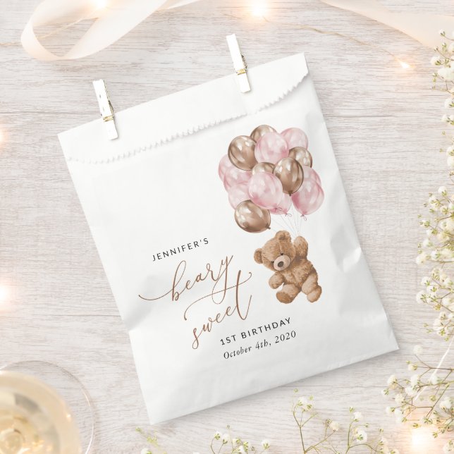 Teddy Bear, Pink Balloons, First Birthday Favour Bags (Clipped)
