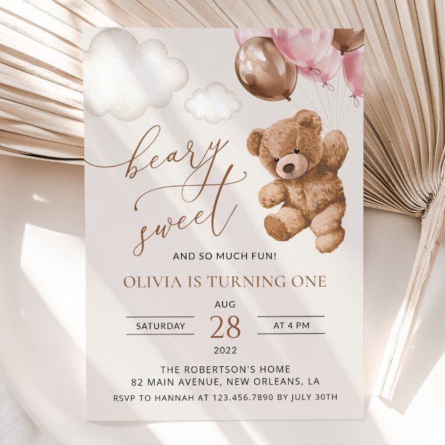 Teddy Bear, Pink Balloons, First Birthday Invitation (Creator Uploaded)
