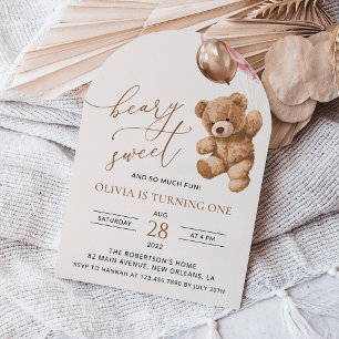 Teddy Bear, Pink Balloons, First Birthday Invitation