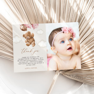 Teddy Bear, Pink Balloons, First Birthday Thank You Card