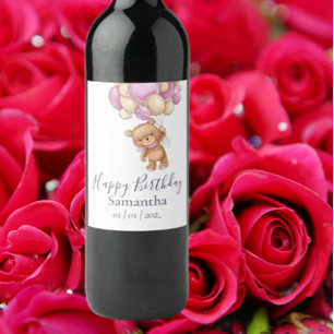 Teddy Bear Pink Balloons Girl Birthday Party   Wine Label