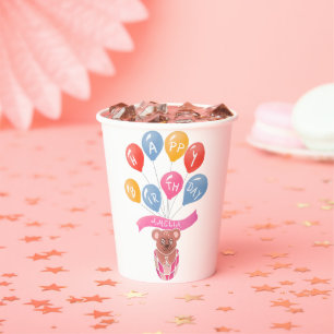 Teddy Bear Pink Balloons Girl Happy Birthday  Paper Cups