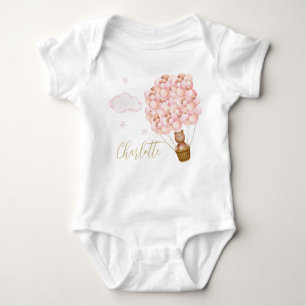 Teddy Bear Pink Balloons Gold Script Baby Bodysuit