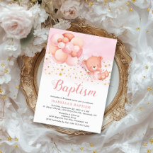 Teddy Bear Pink Balloons Gold Stars Baptism