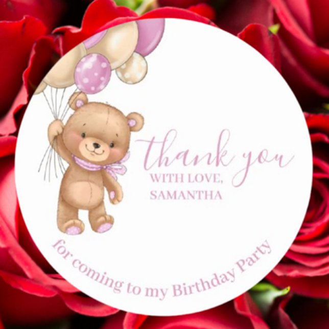 Teddy Bear PINK Balloons Happy Birthday Thank You  Classic Round Sticker (Celebrate special moments with our Teddy Bear PINK Balloons Happy Birthday Thank You stickers.)