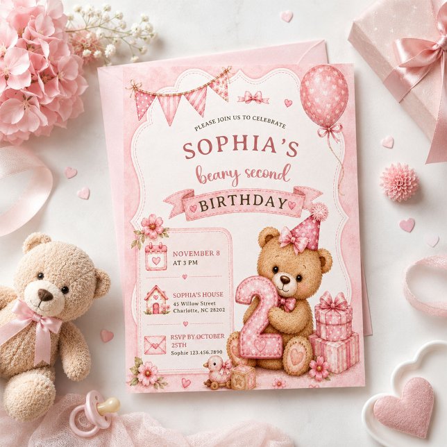 Teddy Bear, Pink Balloons, Second Birthday Invitation (Creator Uploaded)