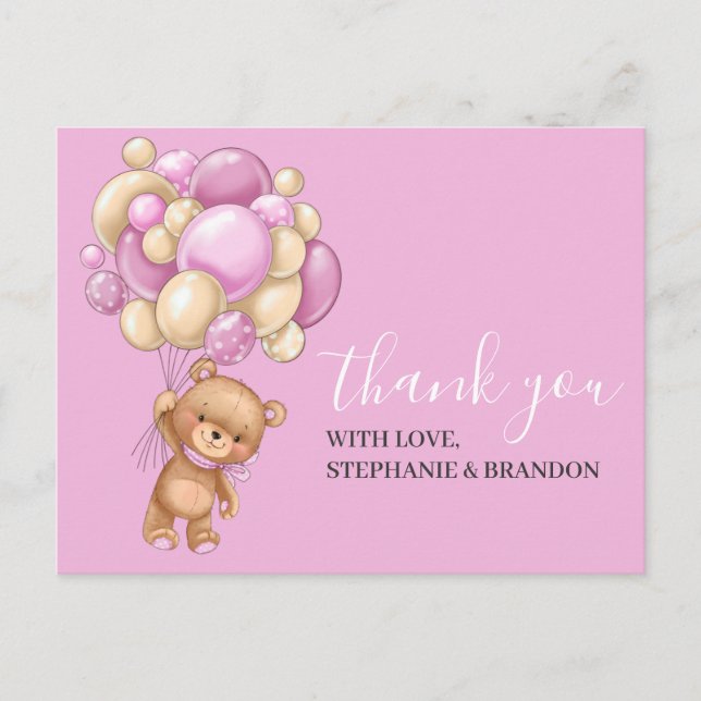 Teddy Bear PINK Balloons Thank You  Card (Front)
