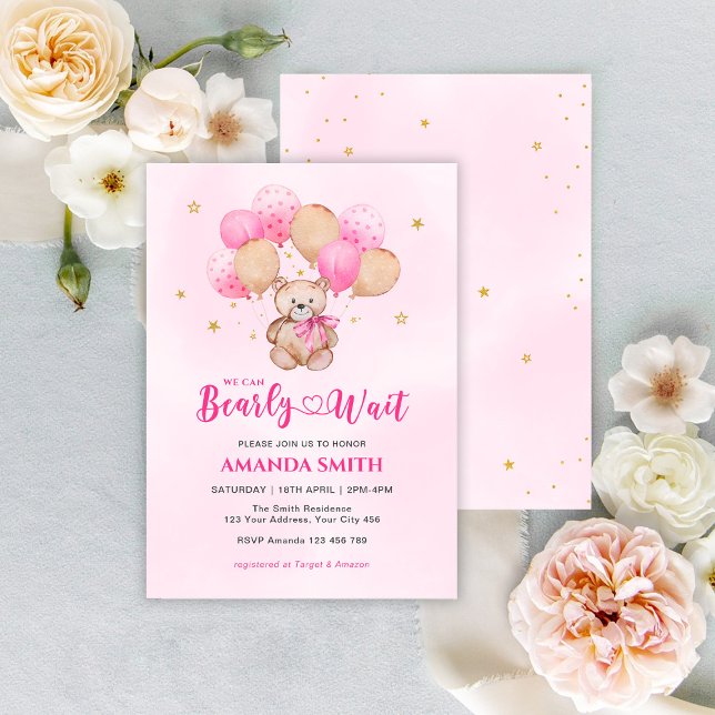 Teddy Bear Pink Bearly Wait Baby Shower Invitation (Creator Uploaded)