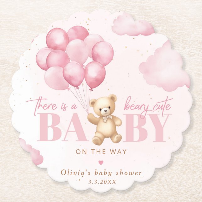 Teddy bear pink Beary cute baby shower Paper Coaster (Front)