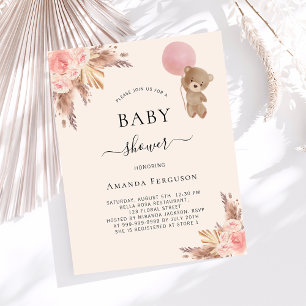 Teddy bear pink beige girl baby shower invitation