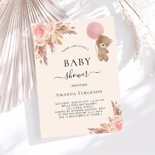 Teddy bear pink beige pampas girl baby shower invitation