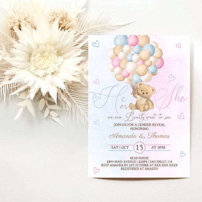 Teddy Bear Pink Blue Gender Reveal Invitation (Creator Uploaded)