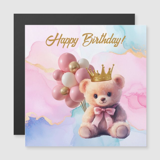Teddy Bear Pink Bow Gold Crown Happy Birthday (Front/Back)