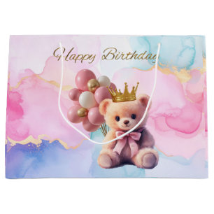 Teddy Bear Pink Bow Gold Crown Happy Birthday Large Gift Bag