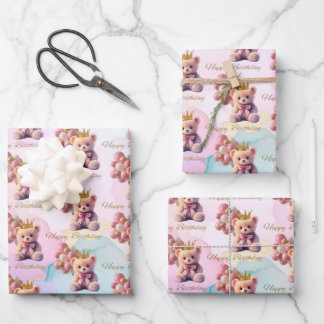 Teddy Bear Pink Bow Gold Crown Happy Birthday Wrapping Paper Sheet