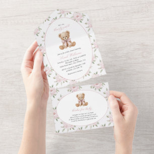 Teddy Bear, Pink Bow, Pink Flowers, Baby Shower All In One Invitation