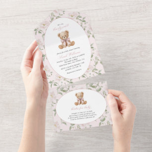 Teddy Bear, Pink Bow, Pink Flowers, Baby Shower All In One Invitation