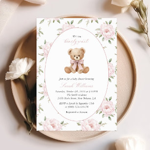 Teddy Bear, Pink Bow, Pink Flowers, Baby Shower Invitation