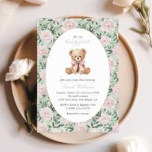 Teddy Bear, Pink Bow, Pink Flowers, Baby Shower Invitation