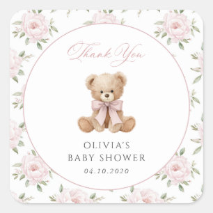 Teddy Bear, Pink Bow, Pink Flowers, Baby Shower Square Sticker