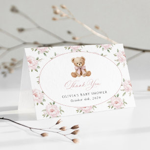 Teddy Bear, Pink Bow, Pink Flowers, Baby Shower Thank You Card
